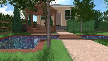 Memleketin peyzaj tasarımının 3 boyutlu görüntüsü. Bölgenin peyzajı. Birleşik peyzaj ve peyzaj çözümlerinin bilgisayar görselleştirmesi.