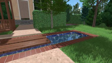 Memleketin peyzaj tasarımının 3 boyutlu görüntüsü. Bölgenin peyzajı. Birleşik peyzaj ve peyzaj çözümlerinin bilgisayar görselleştirmesi.