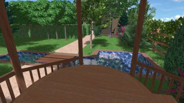 Memleketin peyzaj tasarımının 3 boyutlu görüntüsü. Bölgenin peyzajı. Birleşik peyzaj ve peyzaj çözümlerinin bilgisayar görselleştirmesi.