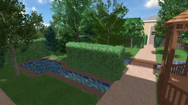 Memleketin peyzaj tasarımının 3 boyutlu görüntüsü. Bölgenin peyzajı. Birleşik peyzaj ve peyzaj çözümlerinin bilgisayar görselleştirmesi.