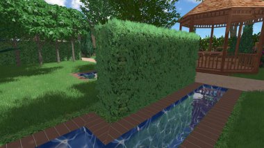 Memleketin peyzaj tasarımının 3 boyutlu görüntüsü. Bölgenin peyzajı. Birleşik peyzaj ve peyzaj çözümlerinin bilgisayar görselleştirmesi.