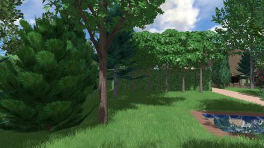 Memleketin peyzaj tasarımının 3 boyutlu görüntüsü. Bölgenin peyzajı. Birleşik peyzaj ve peyzaj çözümlerinin bilgisayar görselleştirmesi.