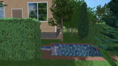 Memleketin peyzaj tasarımının 3 boyutlu görüntüsü. Bölgenin peyzajı. Birleşik peyzaj ve peyzaj çözümlerinin bilgisayar görselleştirmesi.