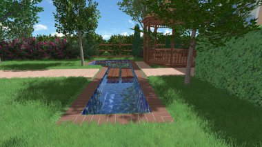 Memleketin peyzaj tasarımının 3 boyutlu görüntüsü. Bölgenin peyzajı. Birleşik peyzaj ve peyzaj çözümlerinin bilgisayar görselleştirmesi.