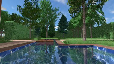 Memleketin peyzaj tasarımının 3 boyutlu görüntüsü. Bölgenin peyzajı. Birleşik peyzaj ve peyzaj çözümlerinin bilgisayar görselleştirmesi.