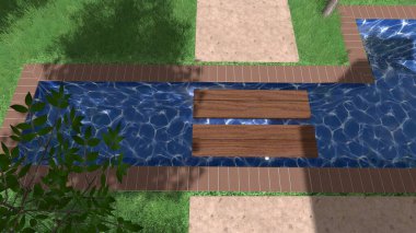 Memleketin peyzaj tasarımının 3 boyutlu görüntüsü. Bölgenin peyzajı. Birleşik peyzaj ve peyzaj çözümlerinin bilgisayar görselleştirmesi.