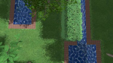 Memleketin peyzaj tasarımının 3 boyutlu görüntüsü. Bölgenin peyzajı. Birleşik peyzaj ve peyzaj çözümlerinin bilgisayar görselleştirmesi.