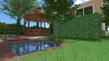 Memleketin peyzaj tasarımının 3 boyutlu görüntüsü. Bölgenin peyzajı. Birleşik peyzaj ve peyzaj çözümlerinin bilgisayar görselleştirmesi.