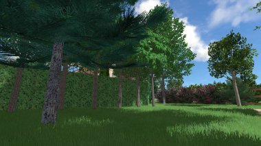 Memleketin peyzaj tasarımının 3 boyutlu görüntüsü. Bölgenin peyzajı. Birleşik peyzaj ve peyzaj çözümlerinin bilgisayar görselleştirmesi.