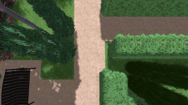 Memleketin peyzaj tasarımının 3 boyutlu görüntüsü. Bölgenin peyzajı. Birleşik peyzaj ve peyzaj çözümlerinin bilgisayar görselleştirmesi.