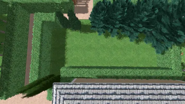 Memleketin peyzaj tasarımının 3 boyutlu görüntüsü. Bölgenin peyzajı. Birleşik peyzaj ve peyzaj çözümlerinin bilgisayar görselleştirmesi.