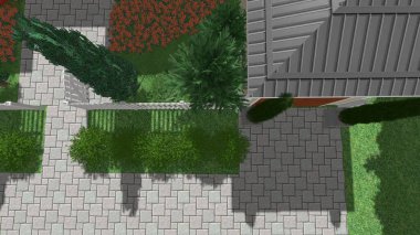 Memleketin peyzaj tasarımının 3 boyutlu görüntüsü. Bölgenin peyzajı. Birleşik peyzaj ve peyzaj çözümlerinin bilgisayar görselleştirmesi.