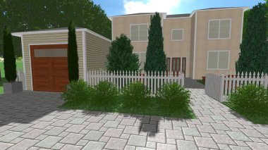 Memleketin peyzaj tasarımının 3 boyutlu görüntüsü. Bölgenin peyzajı. Birleşik peyzaj ve peyzaj çözümlerinin bilgisayar görselleştirmesi.