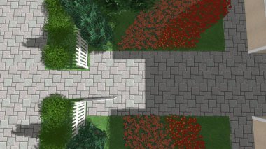 Memleketin peyzaj tasarımının 3 boyutlu görüntüsü. Bölgenin peyzajı. Birleşik peyzaj ve peyzaj çözümlerinin bilgisayar görselleştirmesi.