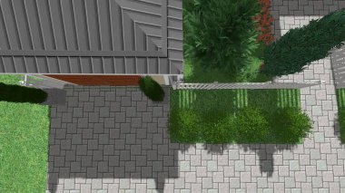 Memleketin peyzaj tasarımının 3 boyutlu görüntüsü. Bölgenin peyzajı. Birleşik peyzaj ve peyzaj çözümlerinin bilgisayar görselleştirmesi.