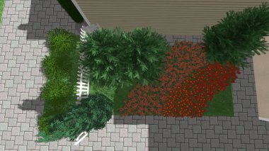 Memleketin peyzaj tasarımının 3 boyutlu görüntüsü. Bölgenin peyzajı. Birleşik peyzaj ve peyzaj çözümlerinin bilgisayar görselleştirmesi.