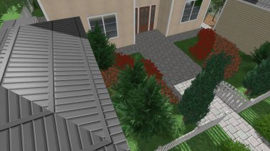 Memleketin peyzaj tasarımının 3 boyutlu görüntüsü. Bölgenin peyzajı. Birleşik peyzaj ve peyzaj çözümlerinin bilgisayar görselleştirmesi.