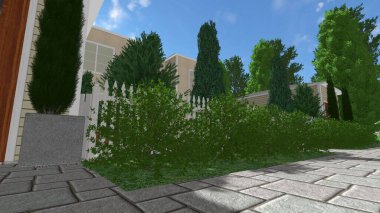 Memleketin peyzaj tasarımının 3 boyutlu görüntüsü. Bölgenin peyzajı. Birleşik peyzaj ve peyzaj çözümlerinin bilgisayar görselleştirmesi.