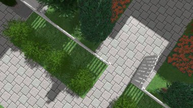 Memleketin peyzaj tasarımının 3 boyutlu görüntüsü. Bölgenin peyzajı. Birleşik peyzaj ve peyzaj çözümlerinin bilgisayar görselleştirmesi.