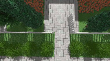 Memleketin peyzaj tasarımının 3 boyutlu görüntüsü. Bölgenin peyzajı. Birleşik peyzaj ve peyzaj çözümlerinin bilgisayar görselleştirmesi.