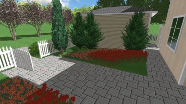 Memleketin peyzaj tasarımının 3 boyutlu görüntüsü. Bölgenin peyzajı. Birleşik peyzaj ve peyzaj çözümlerinin bilgisayar görselleştirmesi.