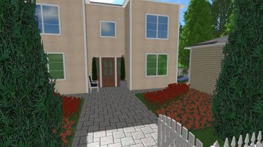 Memleketin peyzaj tasarımının 3 boyutlu görüntüsü. Bölgenin peyzajı. Birleşik peyzaj ve peyzaj çözümlerinin bilgisayar görselleştirmesi.