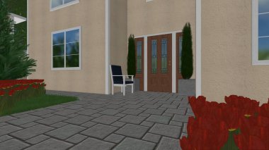 Memleketin peyzaj tasarımının 3 boyutlu görüntüsü. Bölgenin peyzajı. Birleşik peyzaj ve peyzaj çözümlerinin bilgisayar görselleştirmesi.