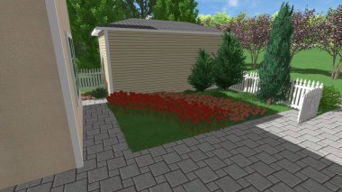 Memleketin peyzaj tasarımının 3 boyutlu görüntüsü. Bölgenin peyzajı. Birleşik peyzaj ve peyzaj çözümlerinin bilgisayar görselleştirmesi.