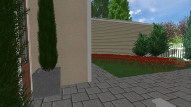 Memleketin peyzaj tasarımının 3 boyutlu görüntüsü. Bölgenin peyzajı. Birleşik peyzaj ve peyzaj çözümlerinin bilgisayar görselleştirmesi.