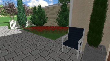 Memleketin peyzaj tasarımının 3 boyutlu görüntüsü. Bölgenin peyzajı. Birleşik peyzaj ve peyzaj çözümlerinin bilgisayar görselleştirmesi.