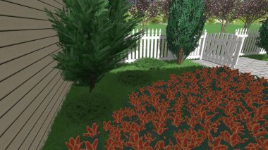 Memleketin peyzaj tasarımının 3 boyutlu görüntüsü. Bölgenin peyzajı. Birleşik peyzaj ve peyzaj çözümlerinin bilgisayar görselleştirmesi.