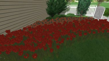 Memleketin peyzaj tasarımının 3 boyutlu görüntüsü. Bölgenin peyzajı. Birleşik peyzaj ve peyzaj çözümlerinin bilgisayar görselleştirmesi.