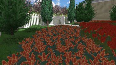 Memleketin peyzaj tasarımının 3 boyutlu görüntüsü. Bölgenin peyzajı. Birleşik peyzaj ve peyzaj çözümlerinin bilgisayar görselleştirmesi.