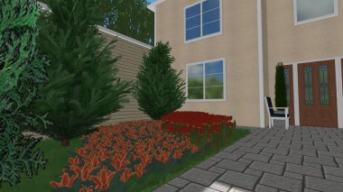 Memleketin peyzaj tasarımının 3 boyutlu görüntüsü. Bölgenin peyzajı. Birleşik peyzaj ve peyzaj çözümlerinin bilgisayar görselleştirmesi.