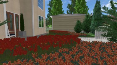 Memleketin peyzaj tasarımının 3 boyutlu görüntüsü. Bölgenin peyzajı. Birleşik peyzaj ve peyzaj çözümlerinin bilgisayar görselleştirmesi.