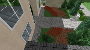 Memleketin peyzaj tasarımının 3 boyutlu görüntüsü. Bölgenin peyzajı. Birleşik peyzaj ve peyzaj çözümlerinin bilgisayar görselleştirmesi.