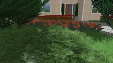 Memleketin peyzaj tasarımının 3 boyutlu görüntüsü. Bölgenin peyzajı. Birleşik peyzaj ve peyzaj çözümlerinin bilgisayar görselleştirmesi.