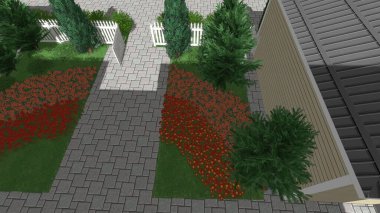 Memleketin peyzaj tasarımının 3 boyutlu görüntüsü. Bölgenin peyzajı. Birleşik peyzaj ve peyzaj çözümlerinin bilgisayar görselleştirmesi.