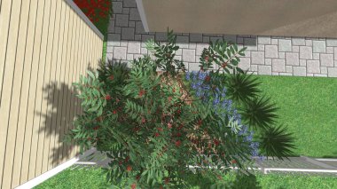 Memleketin peyzaj tasarımının 3 boyutlu görüntüsü. Bölgenin peyzajı. Birleşik peyzaj ve peyzaj çözümlerinin bilgisayar görselleştirmesi.