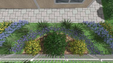 Memleketin peyzaj tasarımının 3 boyutlu görüntüsü. Bölgenin peyzajı. Birleşik peyzaj ve peyzaj çözümlerinin bilgisayar görselleştirmesi.