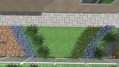 Memleketin peyzaj tasarımının 3 boyutlu görüntüsü. Bölgenin peyzajı. Birleşik peyzaj ve peyzaj çözümlerinin bilgisayar görselleştirmesi.