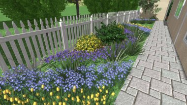 Memleketin peyzaj tasarımının 3 boyutlu görüntüsü. Bölgenin peyzajı. Birleşik peyzaj ve peyzaj çözümlerinin bilgisayar görselleştirmesi.