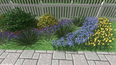 Memleketin peyzaj tasarımının 3 boyutlu görüntüsü. Bölgenin peyzajı. Birleşik peyzaj ve peyzaj çözümlerinin bilgisayar görselleştirmesi.