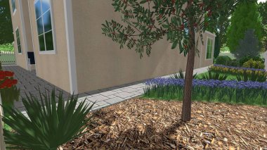 Memleketin peyzaj tasarımının 3 boyutlu görüntüsü. Bölgenin peyzajı. Birleşik peyzaj ve peyzaj çözümlerinin bilgisayar görselleştirmesi.