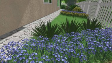 Memleketin peyzaj tasarımının 3 boyutlu görüntüsü. Bölgenin peyzajı. Birleşik peyzaj ve peyzaj çözümlerinin bilgisayar görselleştirmesi.