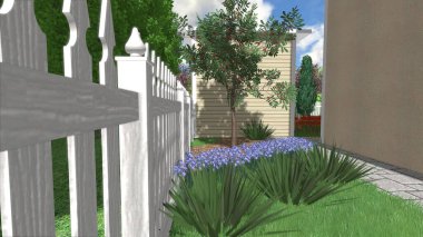 Memleketin peyzaj tasarımının 3 boyutlu görüntüsü. Bölgenin peyzajı. Birleşik peyzaj ve peyzaj çözümlerinin bilgisayar görselleştirmesi.