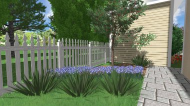 Memleketin peyzaj tasarımının 3 boyutlu görüntüsü. Bölgenin peyzajı. Birleşik peyzaj ve peyzaj çözümlerinin bilgisayar görselleştirmesi.