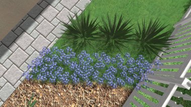 Memleketin peyzaj tasarımının 3 boyutlu görüntüsü. Bölgenin peyzajı. Birleşik peyzaj ve peyzaj çözümlerinin bilgisayar görselleştirmesi.