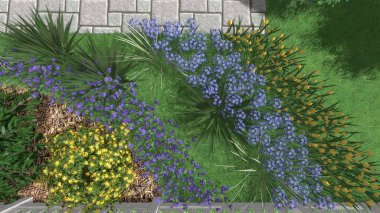 Memleketin peyzaj tasarımının 3 boyutlu görüntüsü. Bölgenin peyzajı. Birleşik peyzaj ve peyzaj çözümlerinin bilgisayar görselleştirmesi.