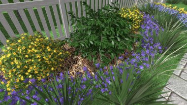 Memleketin peyzaj tasarımının 3 boyutlu görüntüsü. Bölgenin peyzajı. Birleşik peyzaj ve peyzaj çözümlerinin bilgisayar görselleştirmesi.